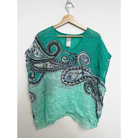 Chicos Women’s 100% Linen Poncho Blouse Cover Up Top Boho Beach S M Paisley - Picture 2 of 11
